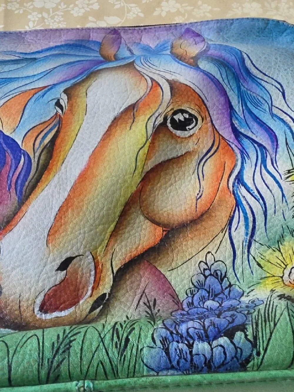 Colorful Horse Art Laptop Sleeve - Green.nwot Single Leather Handle